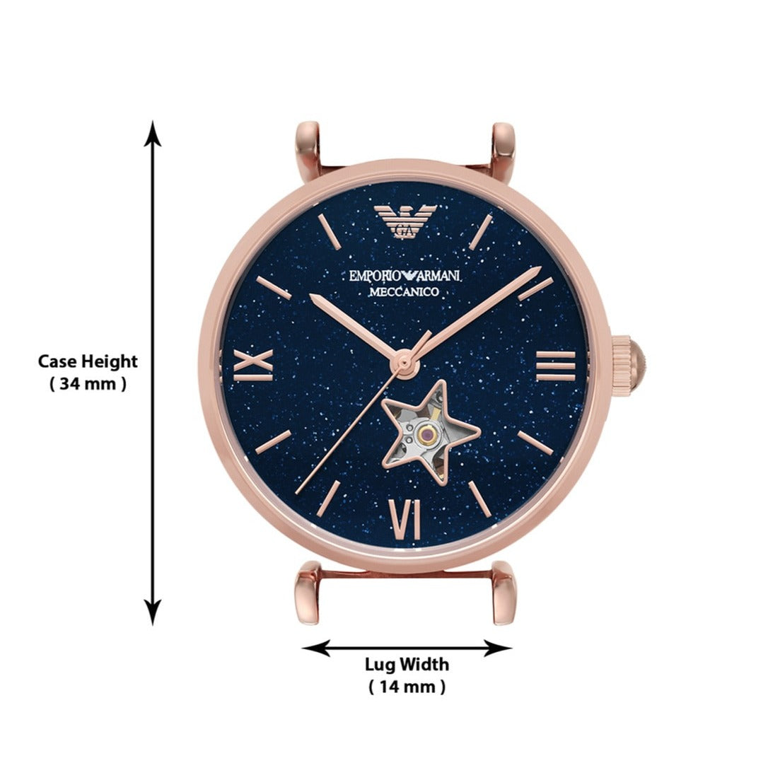 Emporio Armani Meccanico Gianni T Bar Blue Dial Rose Gold Steel Strap Watch For Women - AR60043