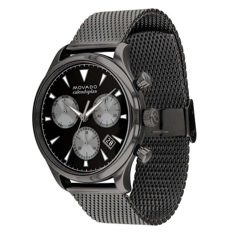 Movado Heritage Calendoplan Chronograph Black Dial Grey Mesh Strap Watch for Men - 3650100