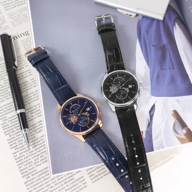 Tommy Hilfiger Weston Chronograph Blue Dial Blue Leather Strap Watch For Men - 1710503