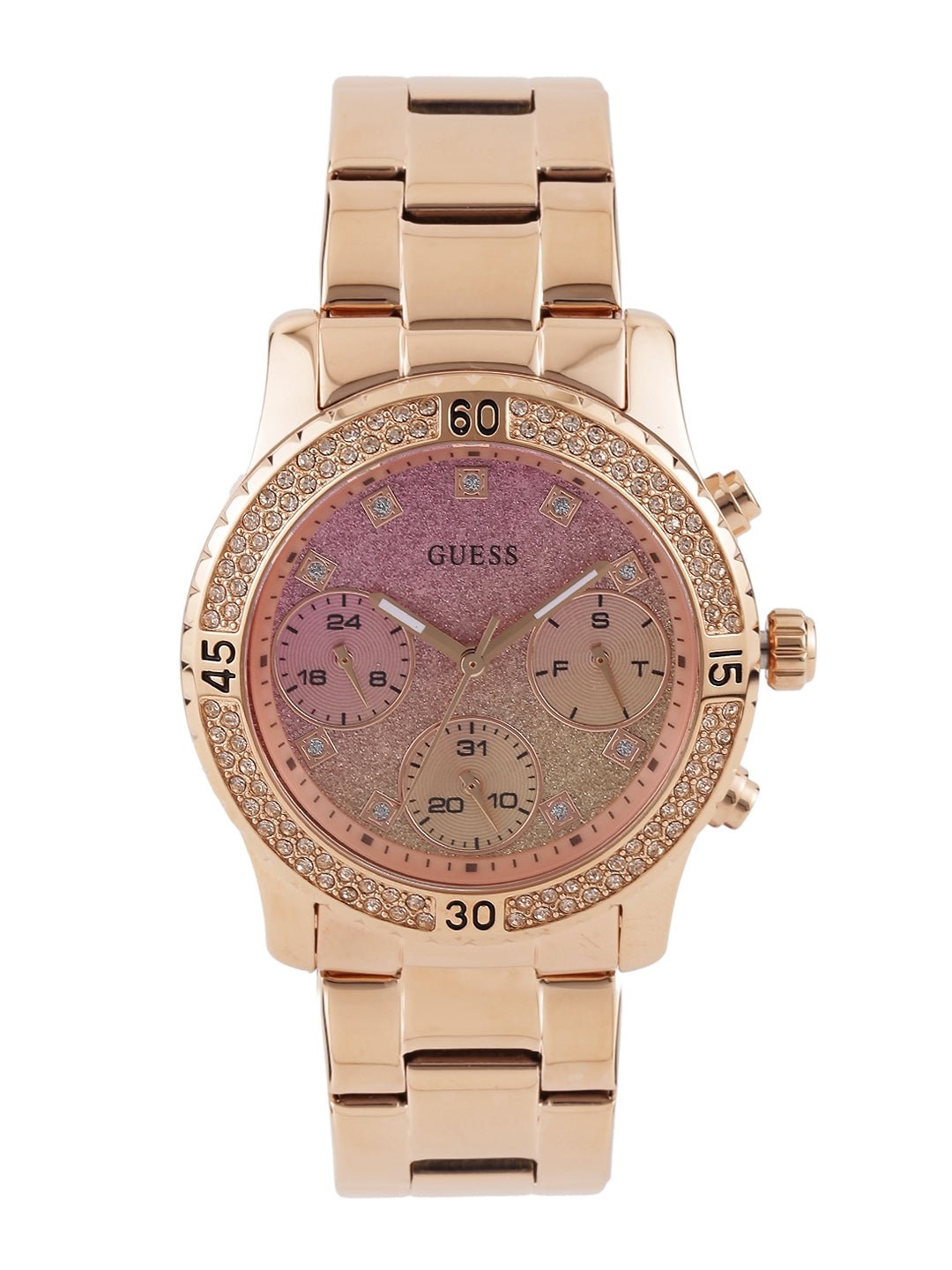 Guess Confetti Pink Dial Rose Gold Steel Strap Watch For Women - W0774L3