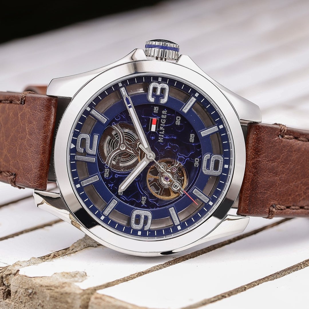 Tommy Hilfiger Bruce Analog Blue Dial Brown Leather Strap Watch for Men - 1791278