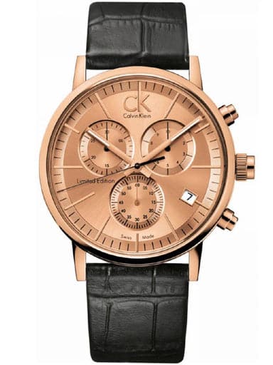 Calvin Klein Post Minimal Chronograph Rose Gold Dial Black Leather Strap Watch for Men - K7627201