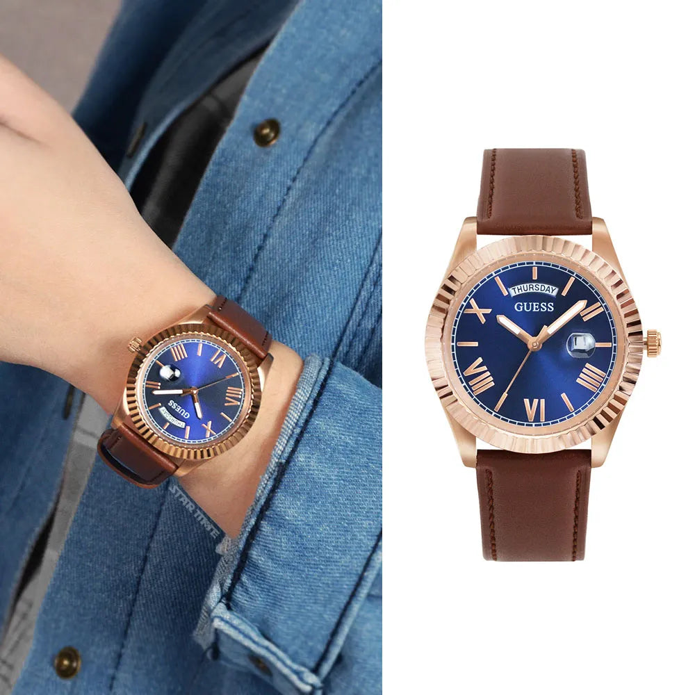 Guess Connoisseur Blue Dial Brown Leather Strap Watch For Men - GW0353G2
