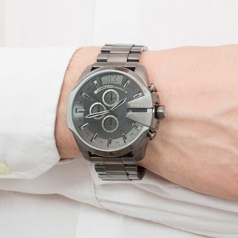 Diesel Mega Chief Chronograph Grey Dial Grey Steel Strap Watch for Men - DZ4282
