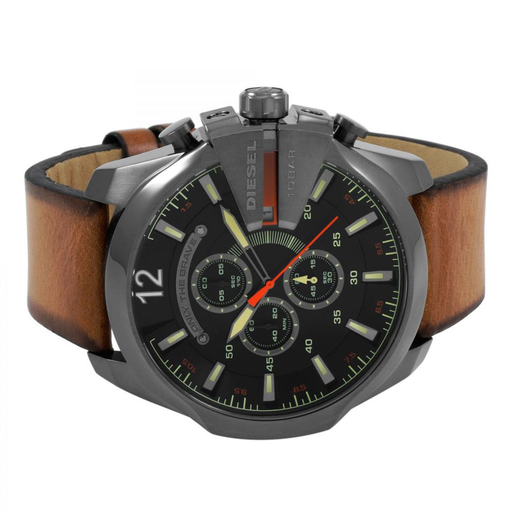 Diesel Mega Chief Chronograph Black Dial Brown Leather Strap Watch For Men - DZ4343