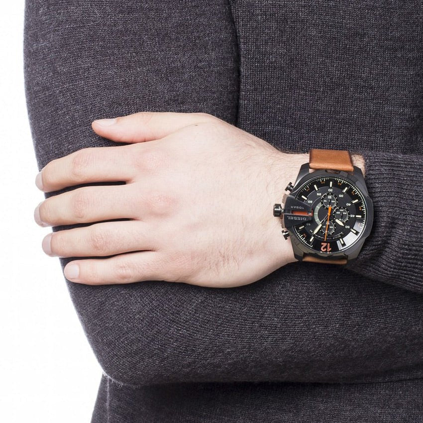 Diesel Mega Chief Chronograph Black Dial Brown Leather Strap Watch For Men - DZ4343