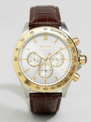 Hugo Boss Ikon Chronograph White Dial Brown Leather Strap Watch for Men - 1513174