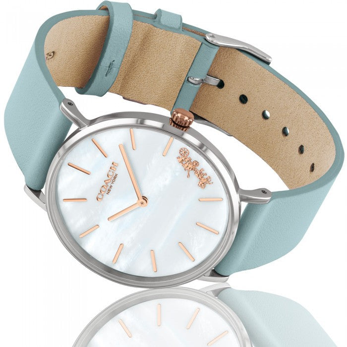 Coach Perry Mother of Pearl White Dial Blue Leather Strap Watch for Women - 14503271