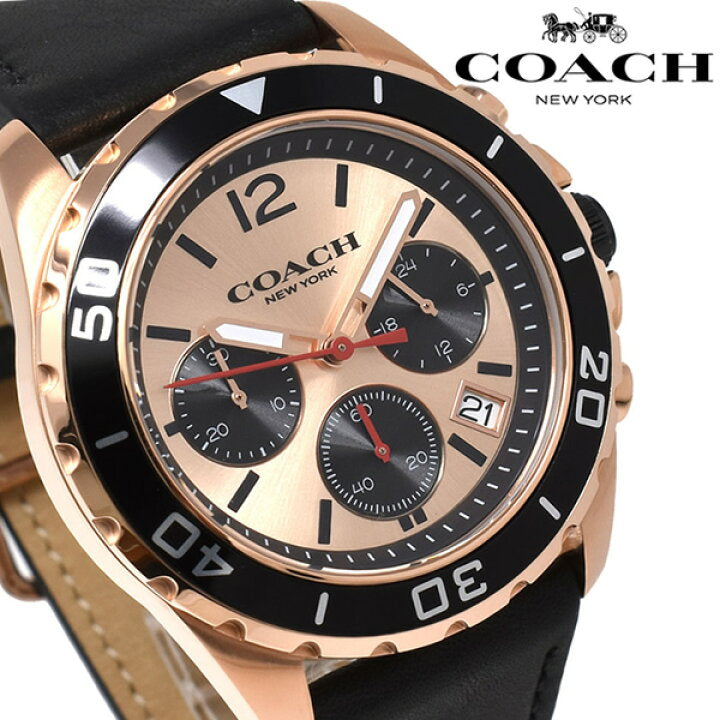 Coach Kent Chronograph Rose Gold Dial Black Leather Strap Watch for Men - 14602559