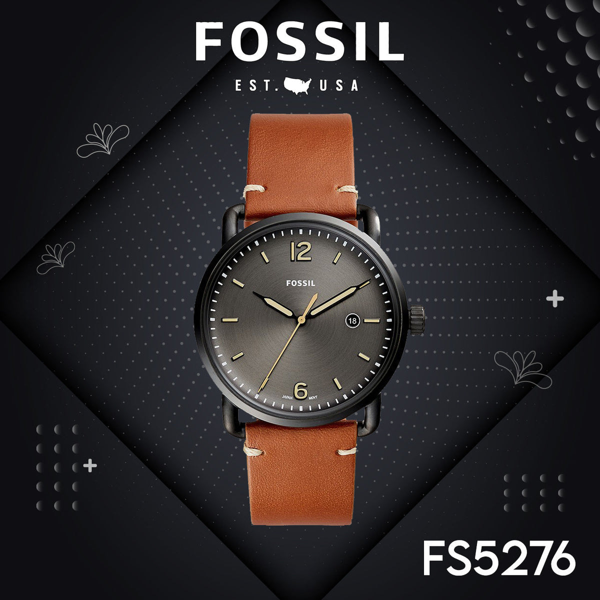 Fossil Commuter Three Hand Date Black Dial Brown Leather Strap Watch for Men - FS5276