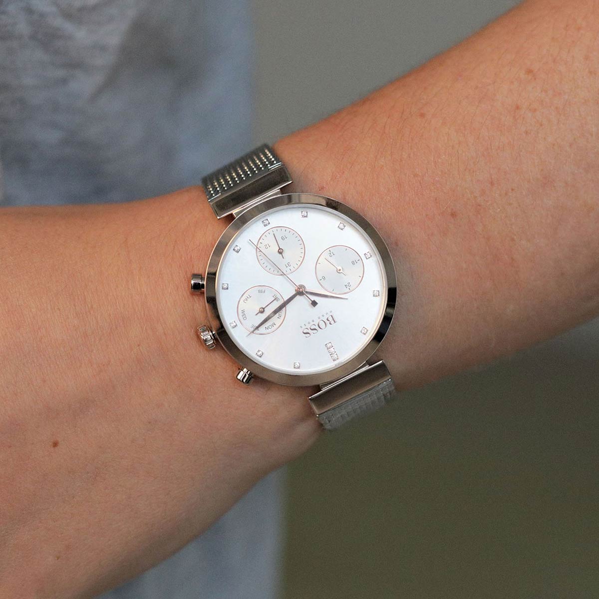 Hugo Boss Flawless Chronograph Silver Dial Silver Mesh Bracelet Watch for Women -1502551