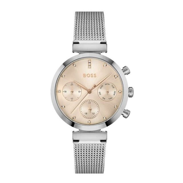 Hugo Boss Flawless Chronograph Pink Dial Silver Mesh Bracelet Watch for Women - 1502625