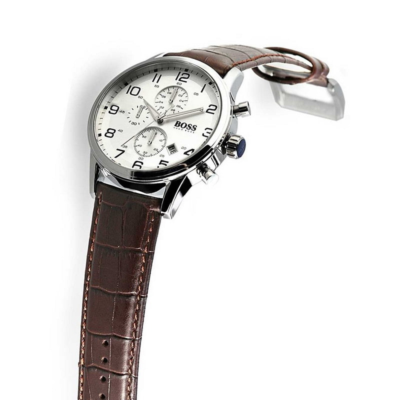 Hugo Boss Aeroliner Chronoraph White Dial Brown Leather Strap Watch For Men - 1512447