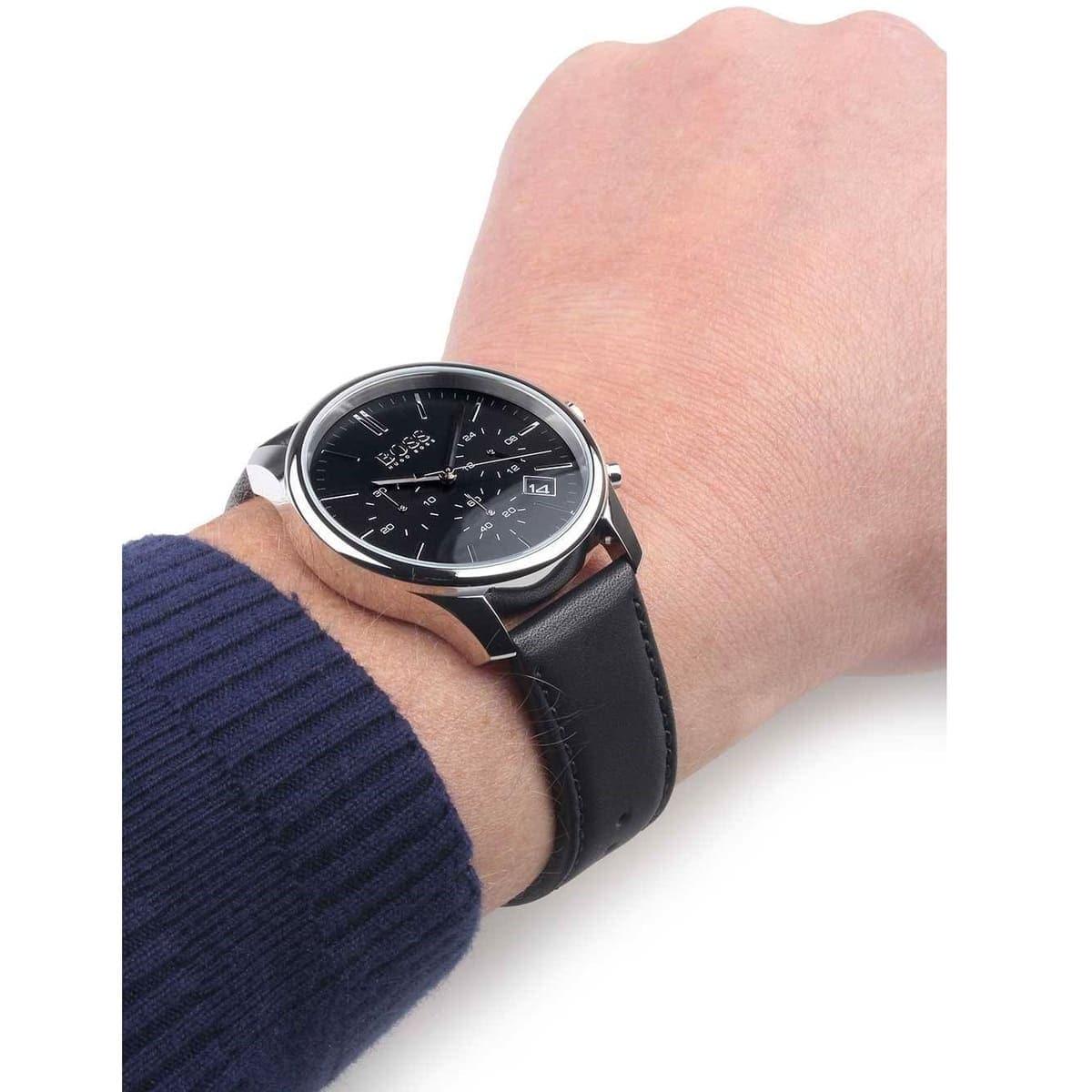 Hugo Boss Time One Chronograph Black Dial Black Leather Strap Watch for Men - 1513430