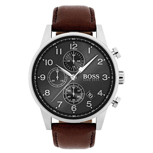 Hugo Boss Navigator Chronograph Grey Dial Brown Leather Strap Watch for Men - 1513494