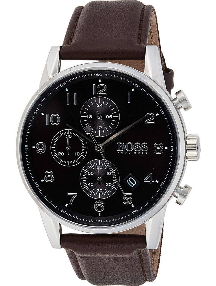 Hugo Boss Navigator Chronograph Grey Dial Brown Leather Strap Watch for Men - 1513494