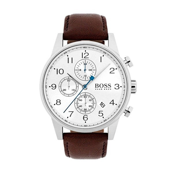 Hugo Boss Navigator Chronograph White Dial Brown Leather Strap Watch for Men - 1513495