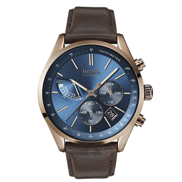 Hugo Boss Grand Prix Chronograph Blue Dial Brown Leather Strap Watch for Men - 1513604