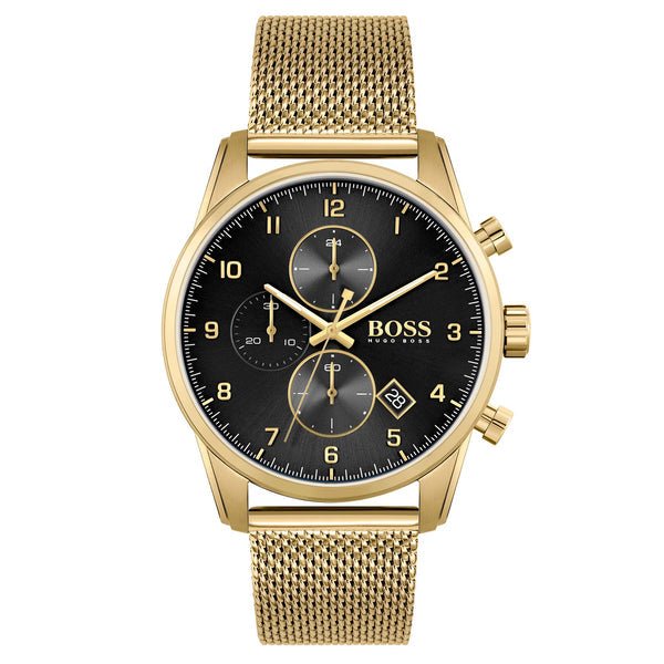 Hugo Boss Skymaster Chronograph Black Dial Gold Mesh Bracelet Watch for Men - 1513838