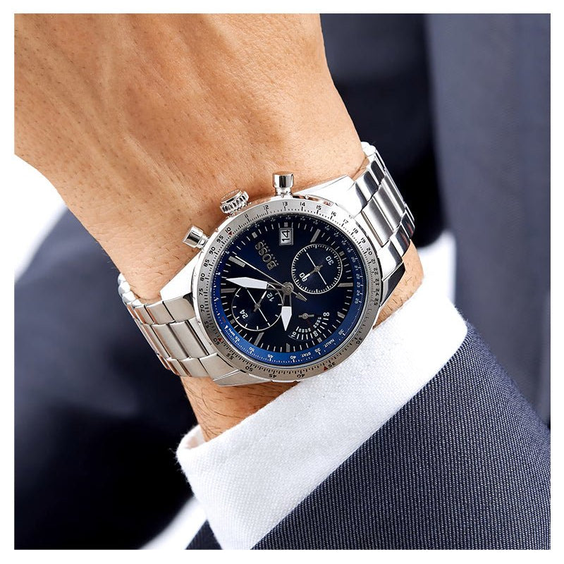 Hugo Boss Talent Blue Dial Silver Steel Strap Watch for Men - 1513582