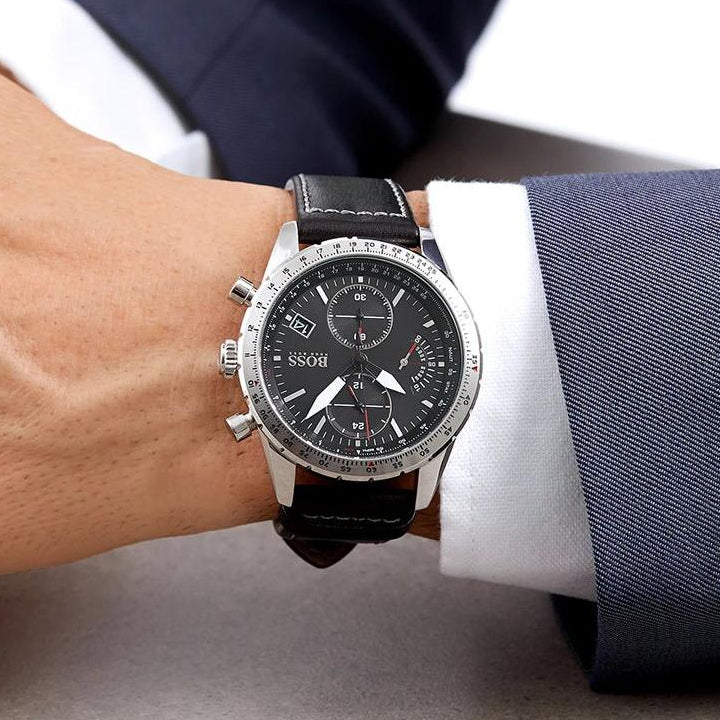 Hugo Boss Pilot Edition Chronograph Black Dial Black Leather Strap Watch for Men - 1513853