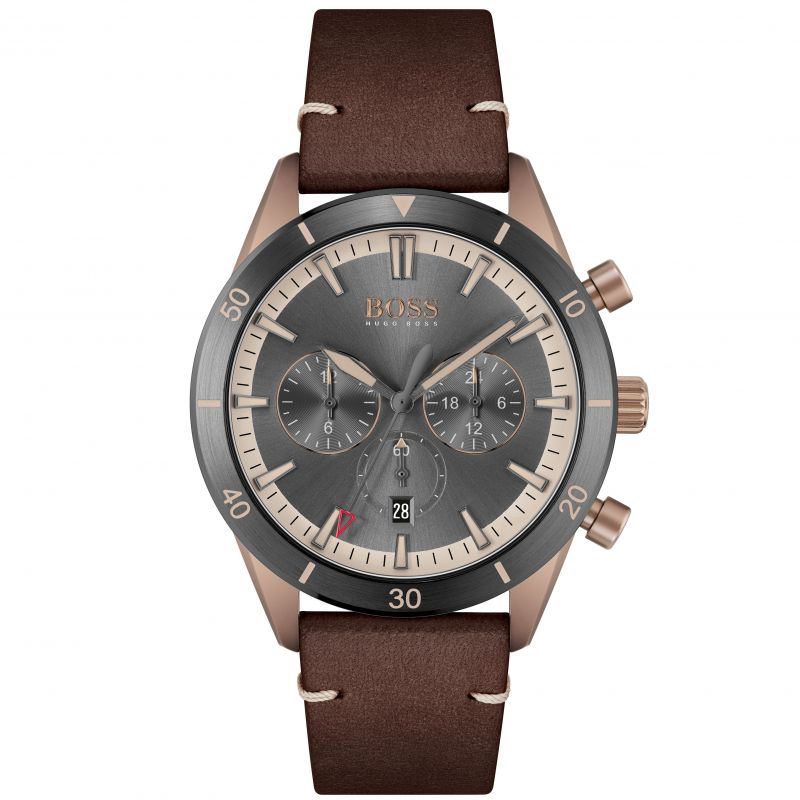 Hugo Boss Santiago Chronograph Grey Dial Brown Leather Strap Watch for Men - 1513861
