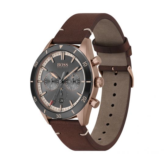 Hugo Boss Santiago Chronograph Grey Dial Brown Leather Strap Watch for Men - 1513861