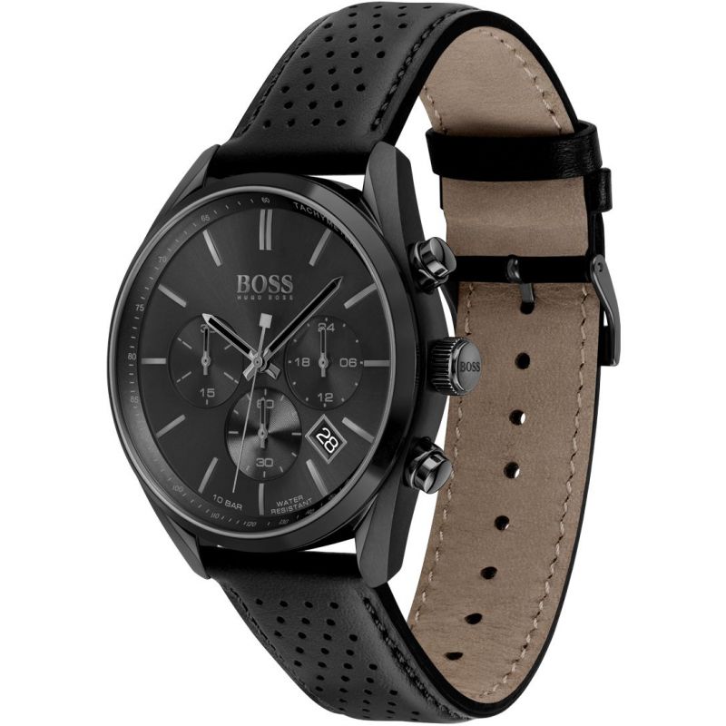 Hugo Boss Champion Chronograph Black Dial Black Leather Strap Watch for Men - 1513880