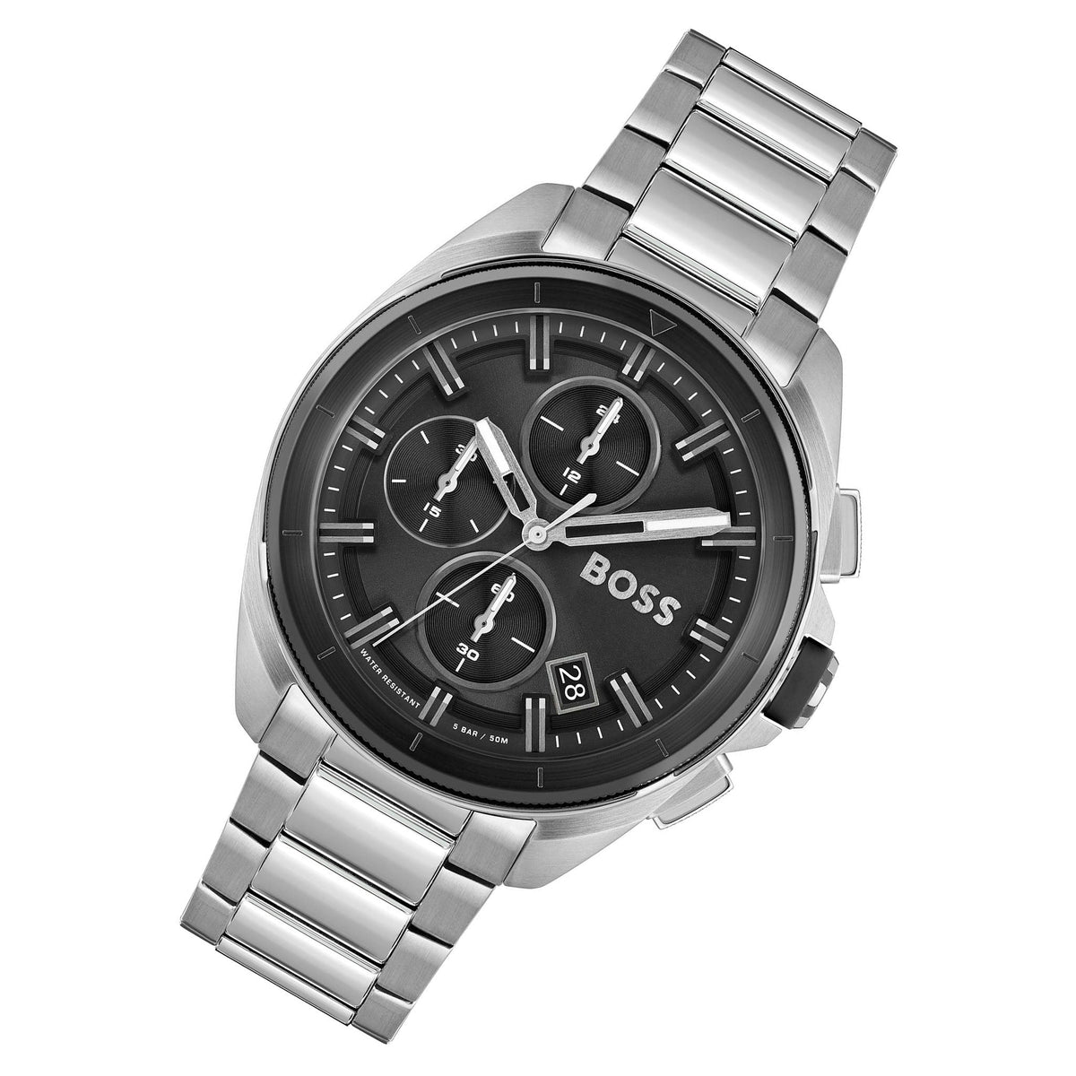 Hugo Boss Volane Chronograph Black Dial Silver Steel Strap Watch for Men - 1513949
