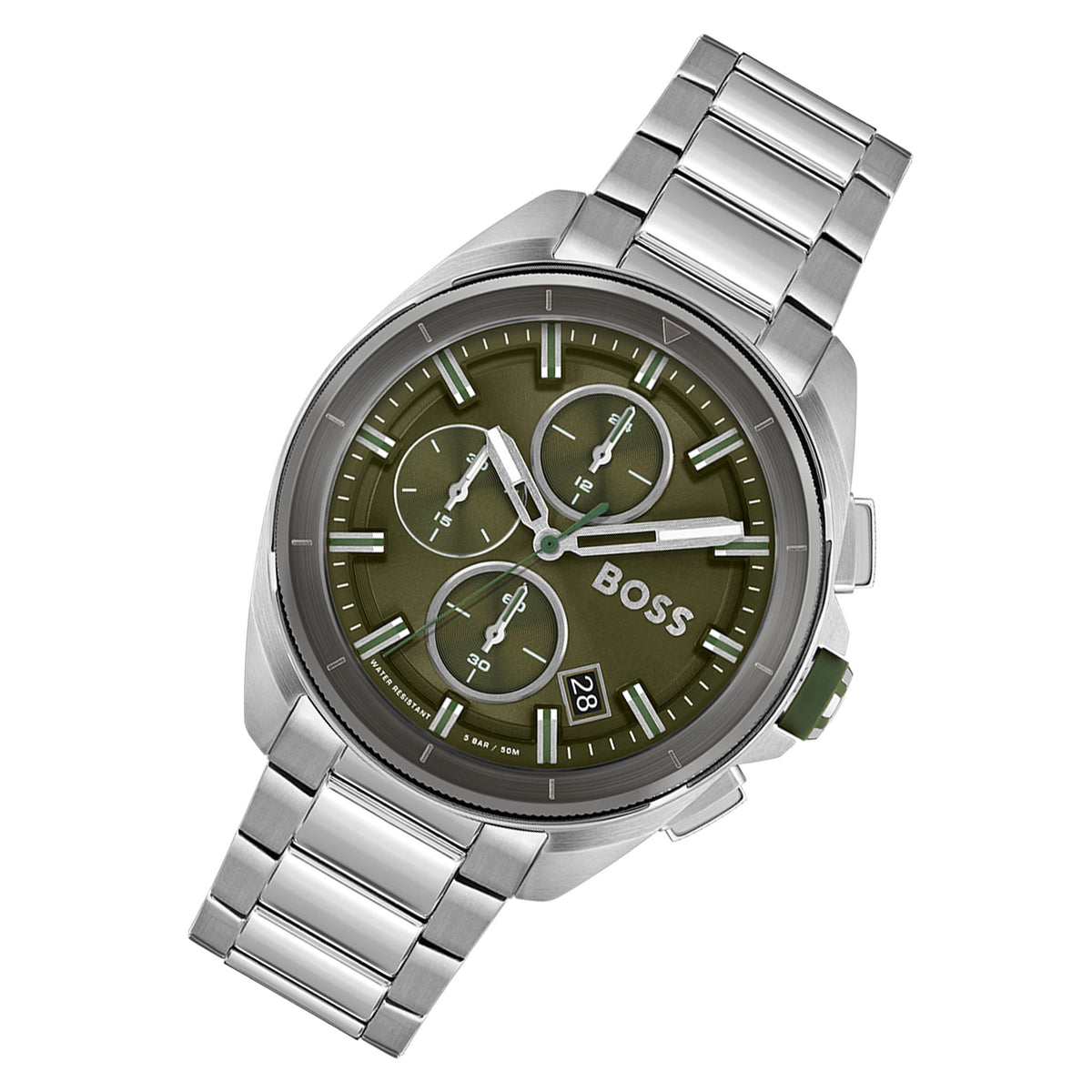 Hugo Boss Volane Chronograph Green Dial Silver Steel Strap Watch for Men - 1513951