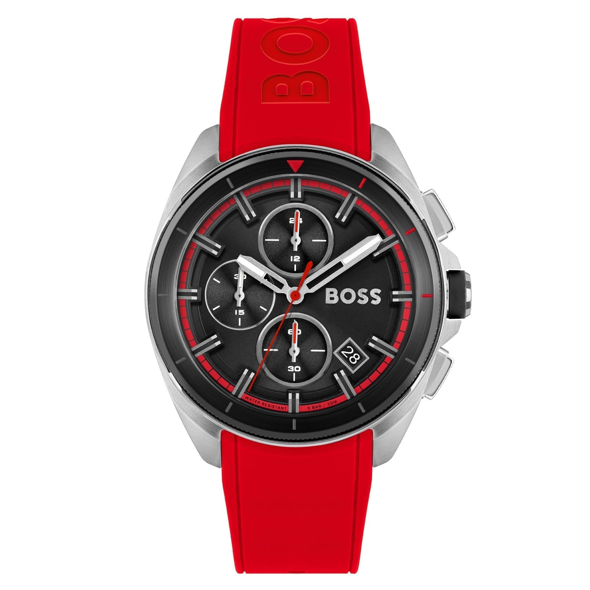 Hugo Boss Volane Chronograph Black Dial Red Rubber Strap Watch for Men - 1513959