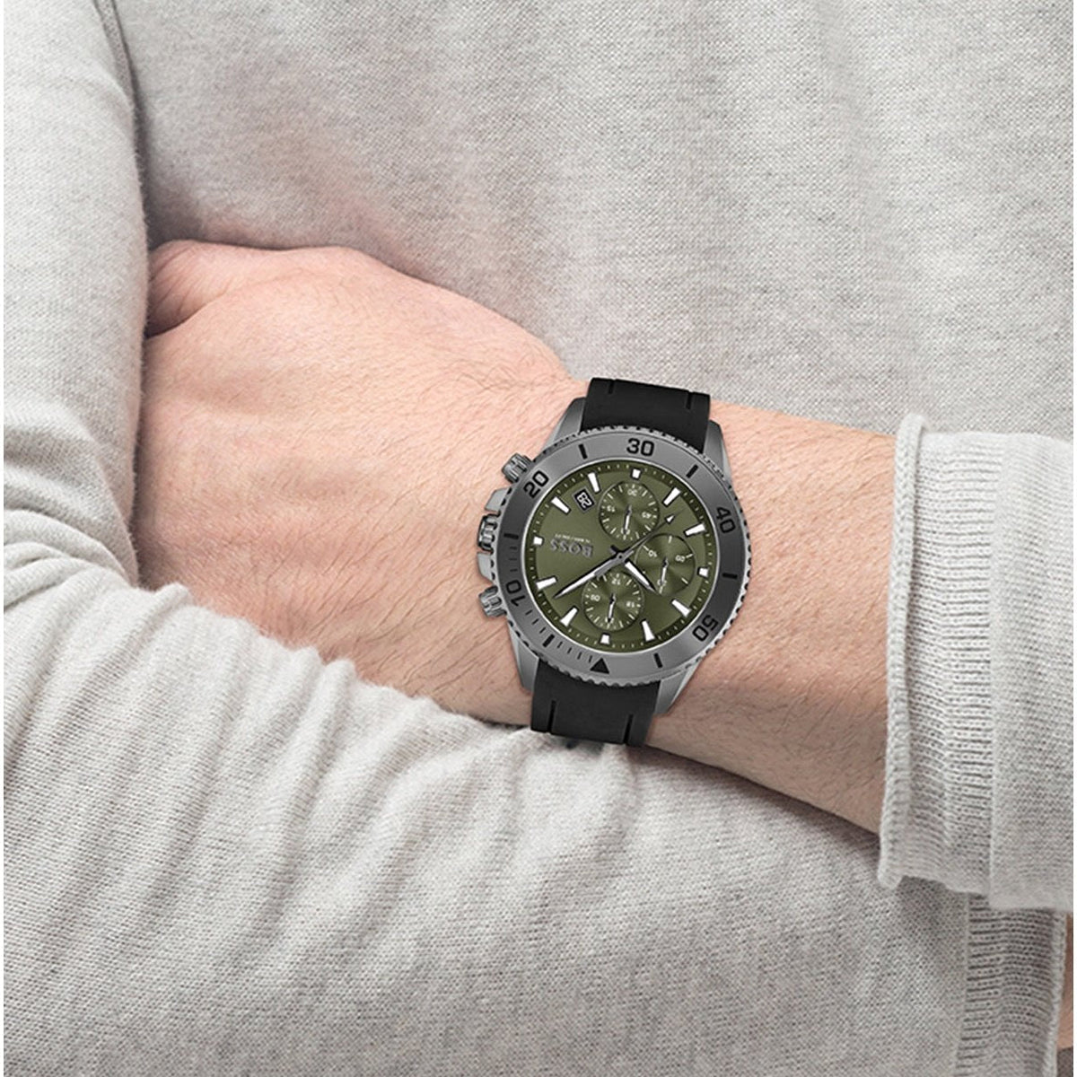 Hugo Boss Admiral Chronograph Green Dial Black Rubber Strap Watch for Men - 1513967
