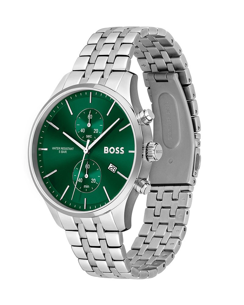 Hugo Boss Associate Chronograph Green Dial Silver Steel Strap Watch for Men - 1513975