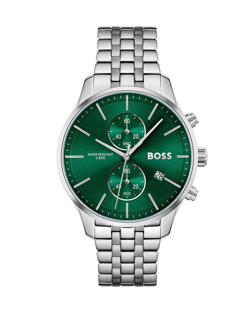 Hugo Boss Associate Chronograph Green Dial Silver Steel Strap Watch for Men - 1513975