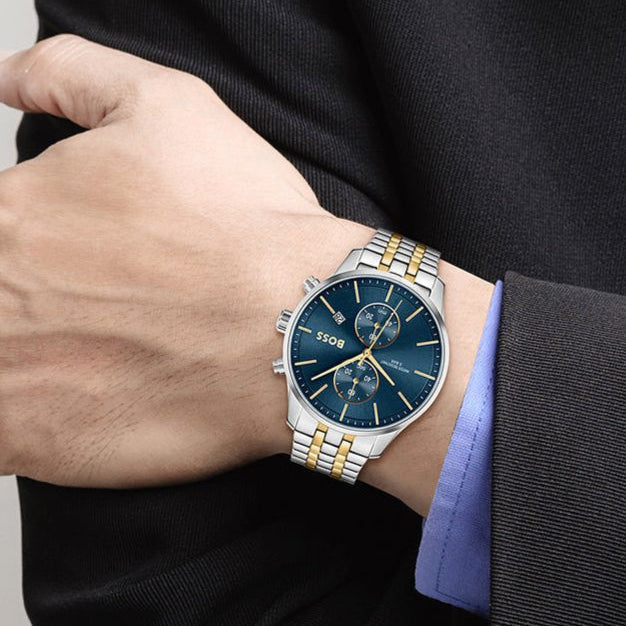 Hugo Boss Associate Chronograph Blue Dial Two Tone Steel Strap Watch for Men - 1513976