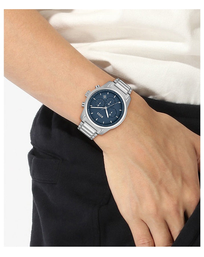 Hugo Boss Trace Chronograph Blue Dial Silver Steel Strap Watch For Men - 1514007