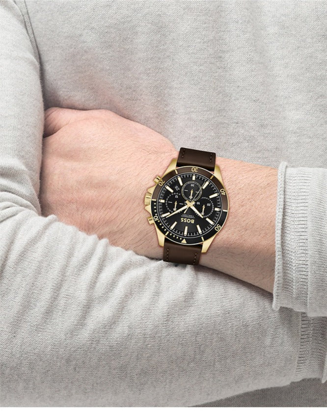 Hugo Boss Troper Chronograph Black Dial Brown Leather Strap Watch For Men - 1514100