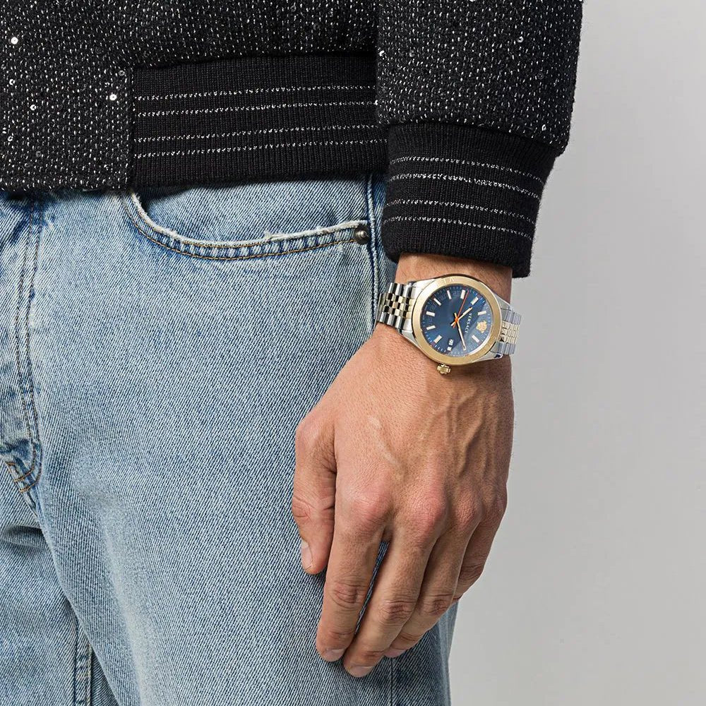 Versace Hellenyium Quartz Blue Dial Two Tone Steel Strap Watch For Men - VEVK00520
