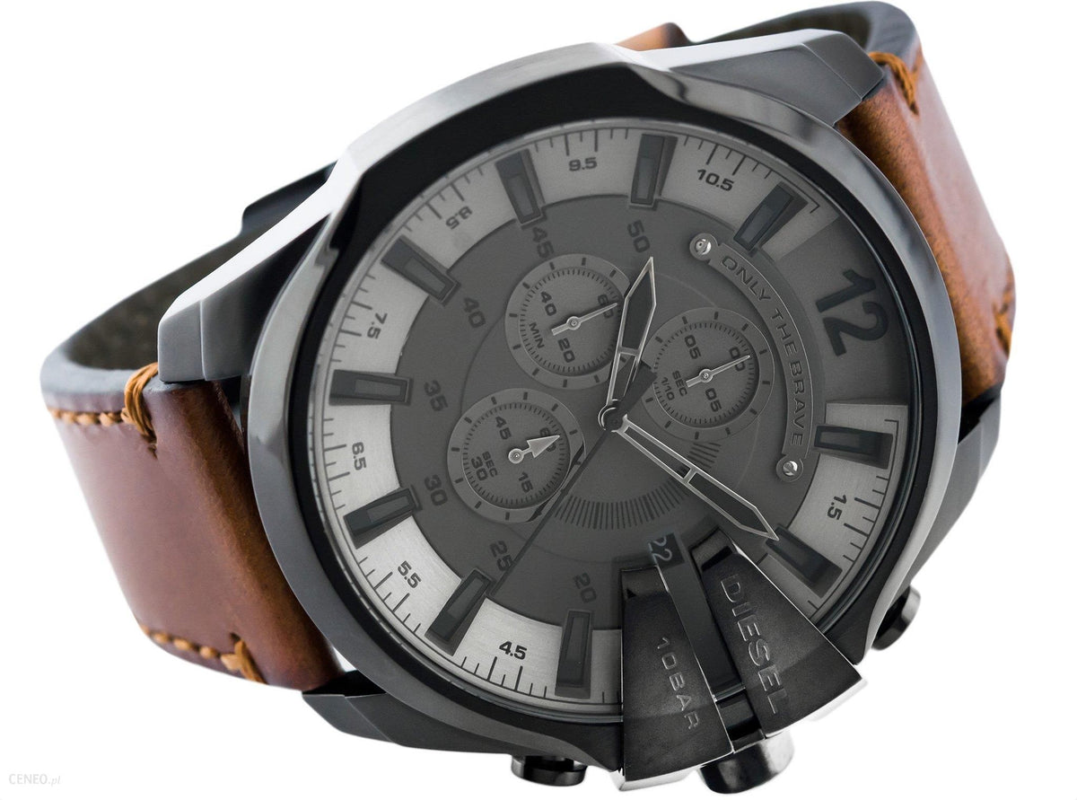 Diesel Mega Chief Chronograph Grey Dial Brown Leather Strap Watch For Men - DZ4463