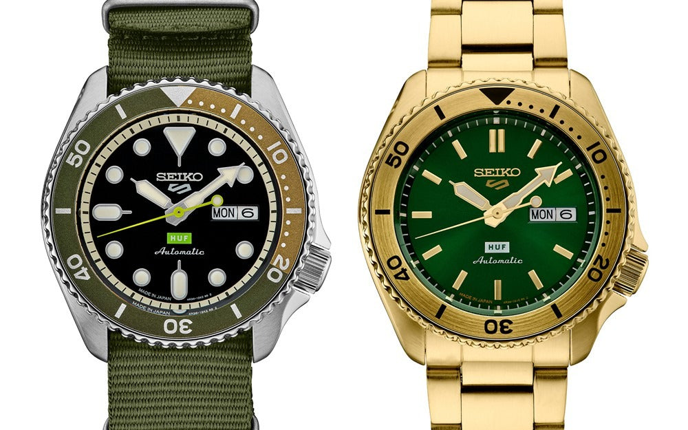 Seiko 5 Sports HUF Limited Edition Green Dial Gold Steel Strap Watch For Men - SRPJ20