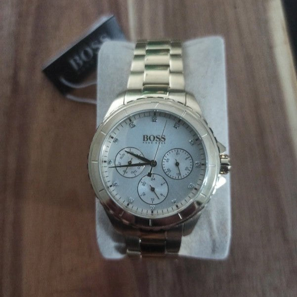 Hugo Boss Premiere White Dial Gold Steel Strap Watch for Women - 1502445