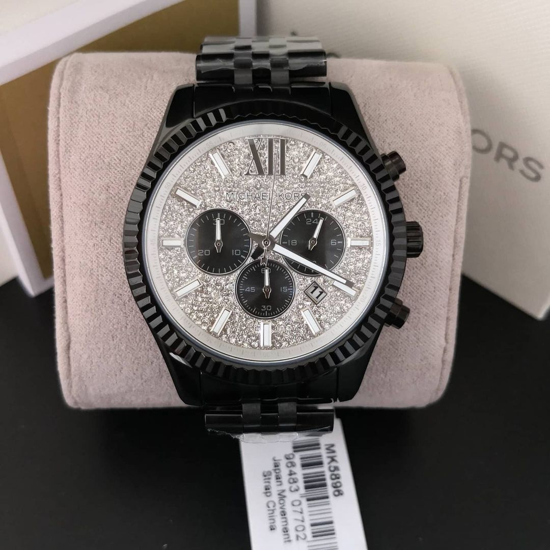Michael Kors Lexington Chronograph Crystals Silver Dial Black Steel Strap Watch for Men - MK8605