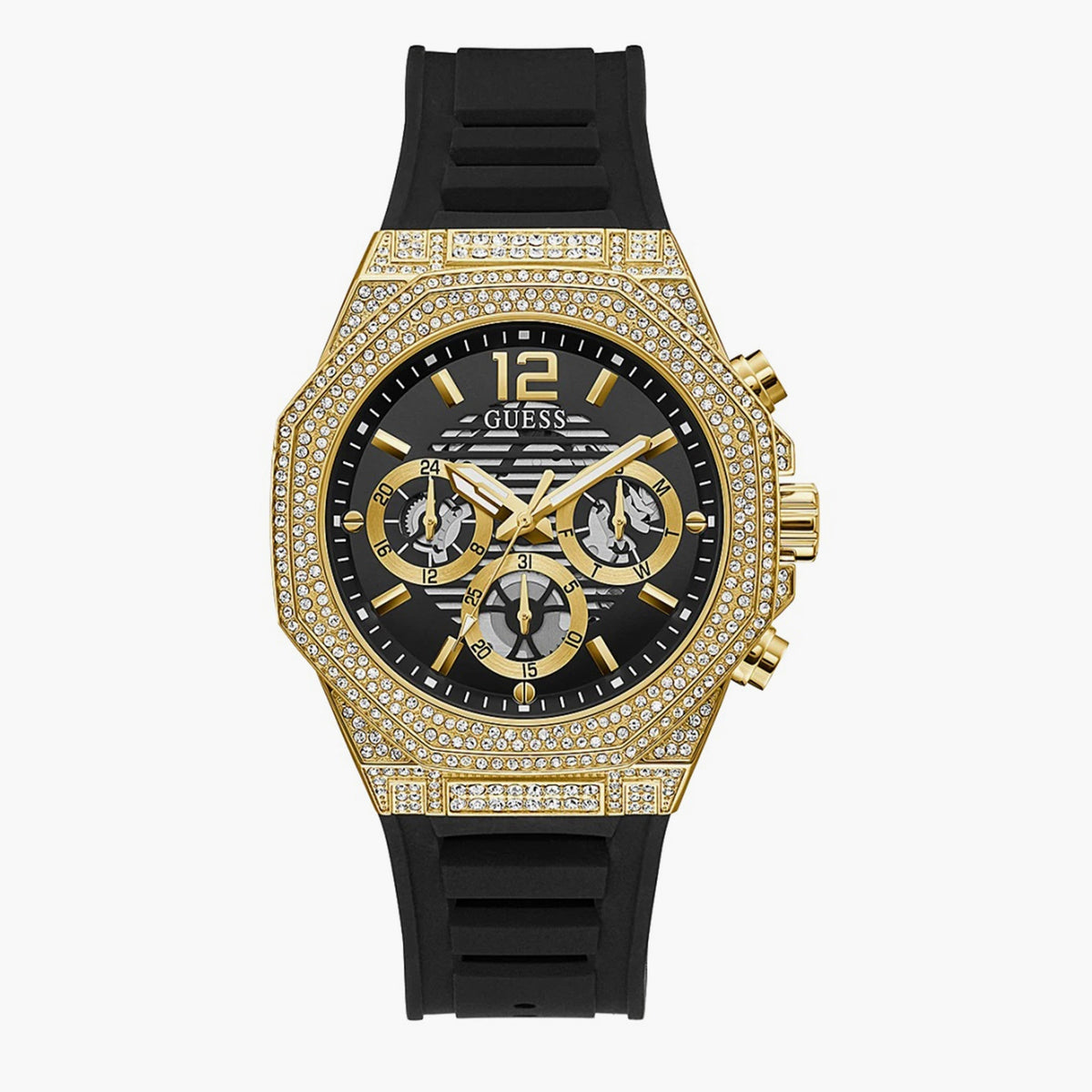 Guess Momentum Chronograph Diamonds Black Dial Black Silicone Strap Watch For Men - GW0518G2