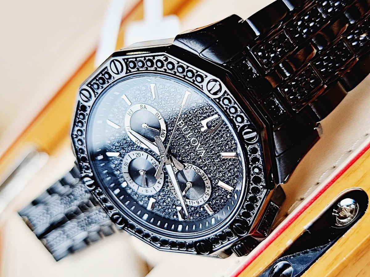 Bulova Octova Chronograph Black Crystal Dial Black Steel Strap Watch for Men - 98C134