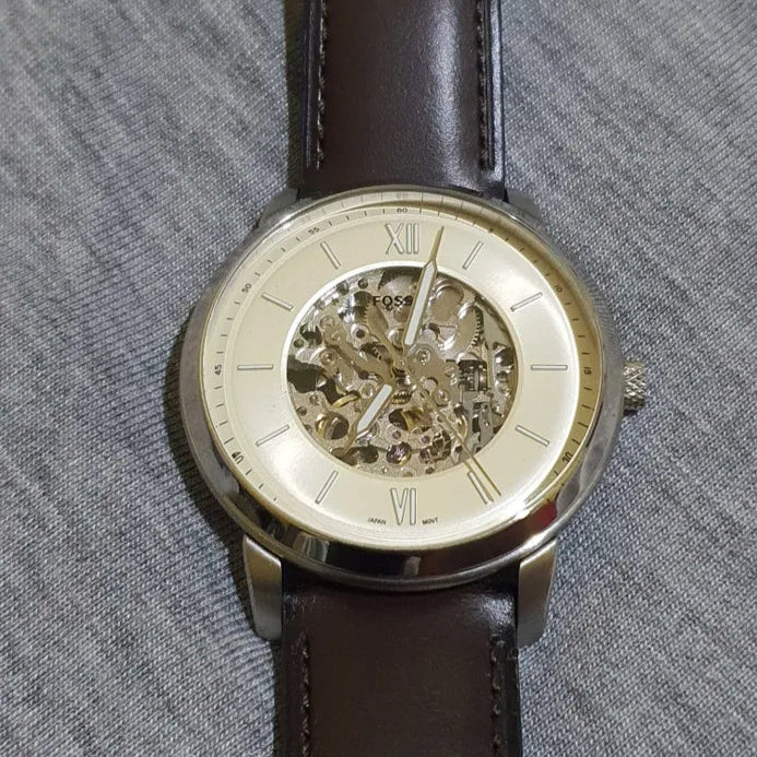 Fossil Neutra Automatic Skeleton White Dial Brown Leather Strap Watch for Men - ME3184