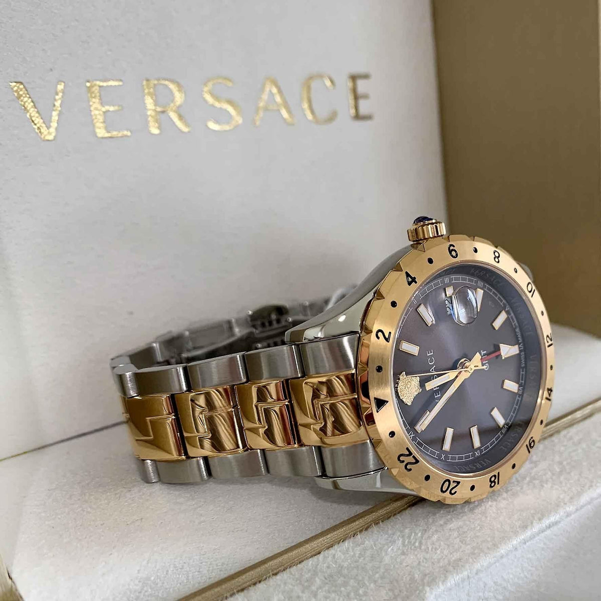 Versace Hellenyium GMT Black Dial Two Tone Steel Strap Watch for Men - V11040015