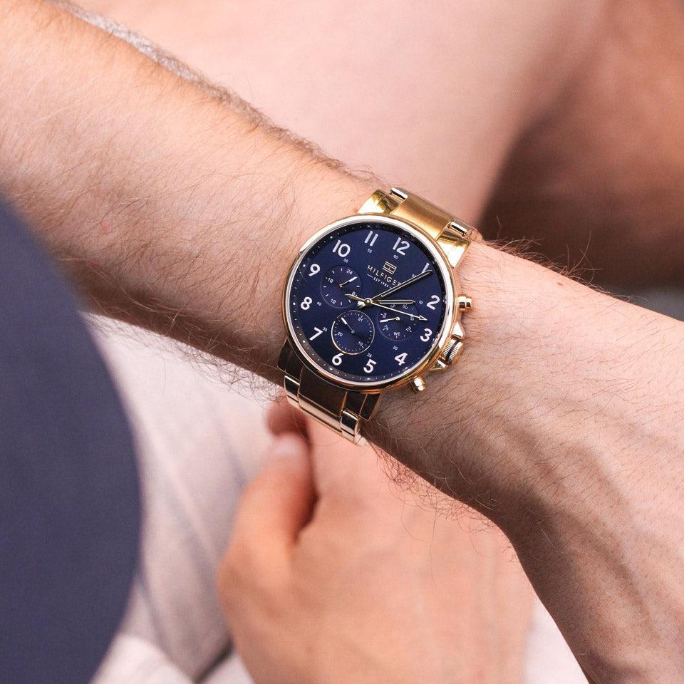 Tommy Hilfiger Daniel Chronograph Blue Dial Gold Steel Strap Watch for Men - 1710384