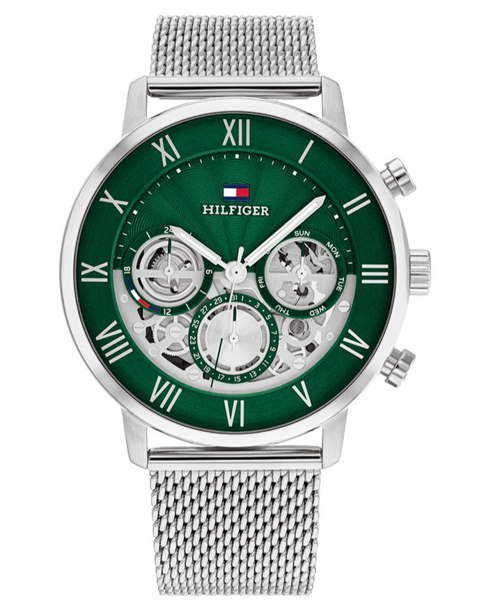 Tommy Hilfiger Legend Chronograph Green Dial Silver Mesh Bracelet Watch For Men - 1710567
