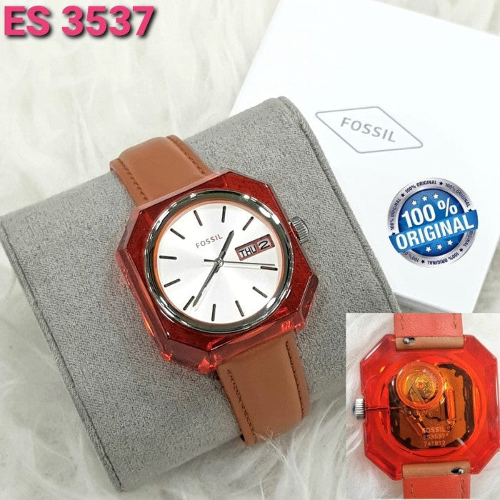 Fossil Candy White Dial Brown Leather Strap Watch for Women - ES3537