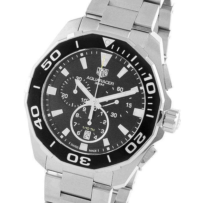 Tag Heuer Aquaracer Quartz Chronograph Black Dial Silver Steel Strap Watch for Men - CAY111A.BA0927